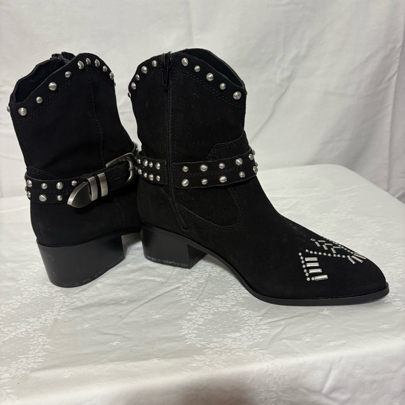 BCBGeneration Lokki ankle bootie in black suede with studded straps. Size 8 - Picture 3 of 11